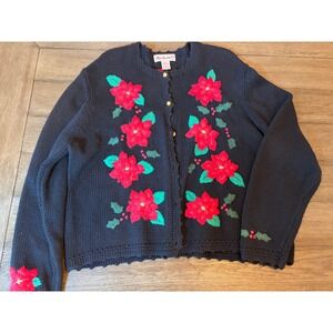 Bechamel Womens XL Black Poinsettia Embroidered Christmas Sweater Vintage